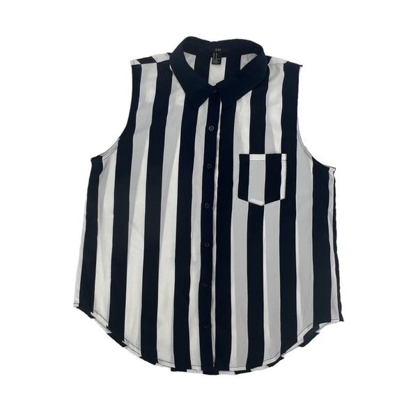 XXI Blue White Striped Sleeveless Pointed Collar V-Neck Blouse Size Med Women’s - Picture 1 of 5